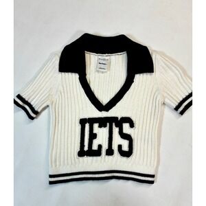 iets Frans Ribbed Knit Cropped Polo Top Preppy Collegiate Black White Medium‎